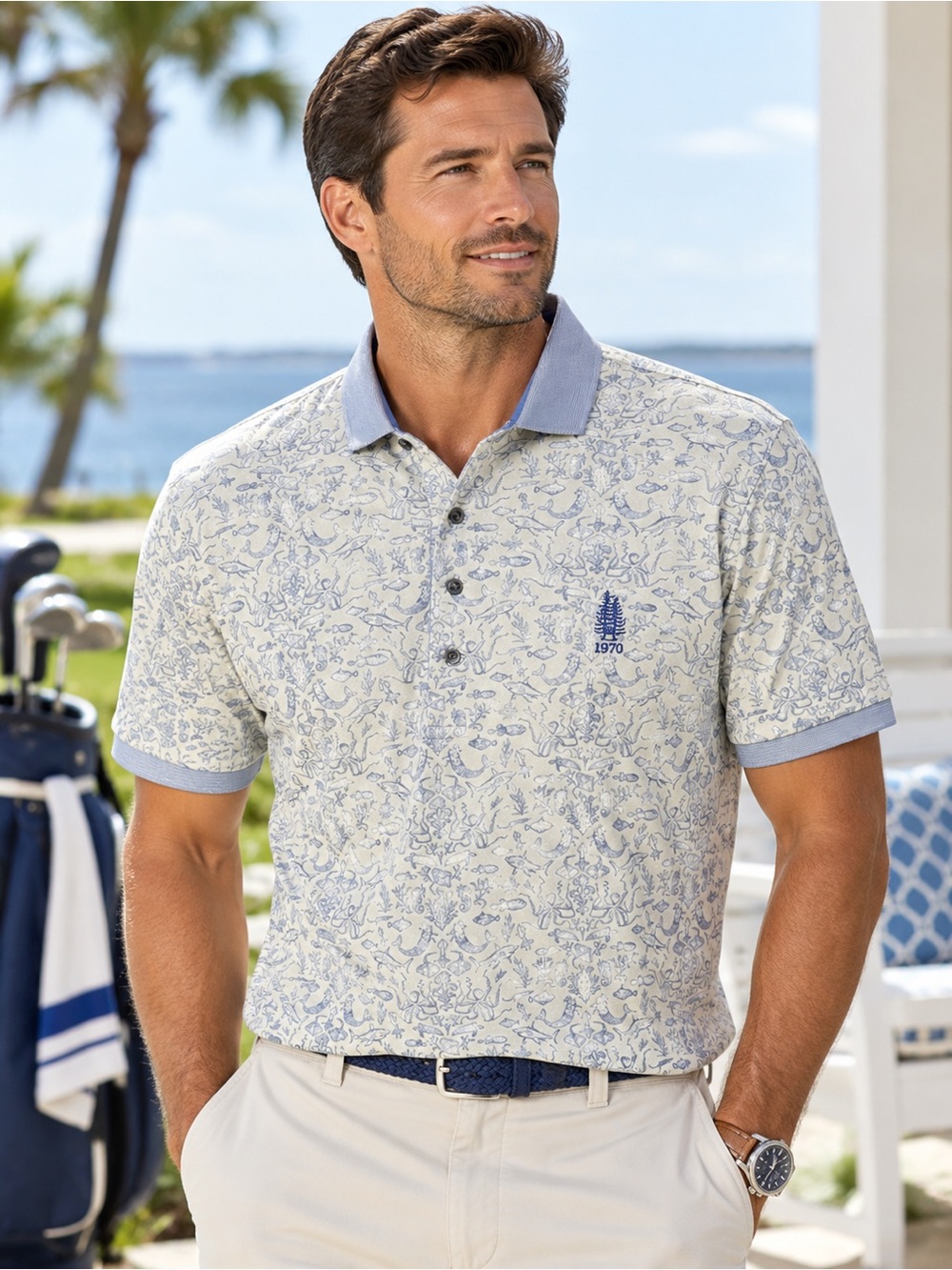 Greyson Coral Curiosities Performance Golf Polo Marine Life Print Preppy Men M